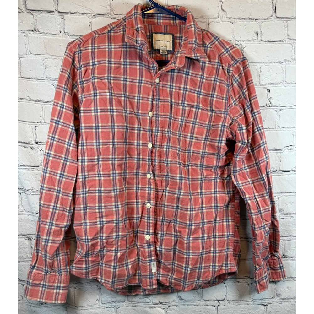 American‎ Eagle Super Soft Flannel Shirt Small Coral Plaid Casual